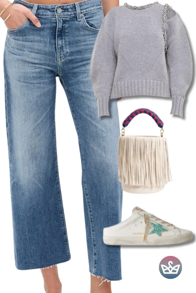Baggy Jeans plus a cozy gray knit, fringe mini bag, and star sneakers for off-duty cool.