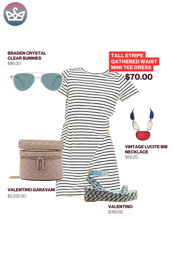 Chic airport outfits that feel like pajamas 4 result adjust my crown Chic airport outfit including a striped mini tee dress with valentino studded crossbody bag clear sunglasses statement bib necklace and platform sandals