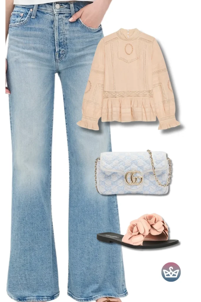 Baggy Jeans with a peach lace peplum blouse, powder-blue chain bag, and blush flower slides for romantic charm.