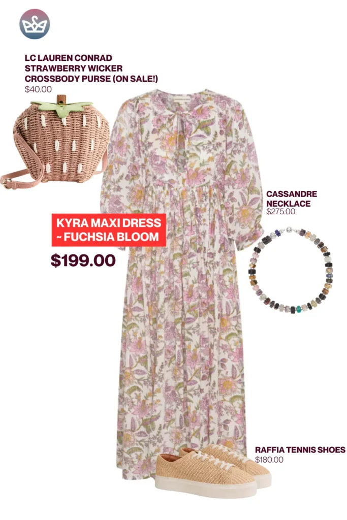 Chic airport outfits that feel like pajamas 53 result adjust my crown Casual chic airport outfit featuring a floral kyra maxi dress in fuchsia bloom raffia sneakers a strawberry wicker crossbody bag and a cassandre beaded necklace