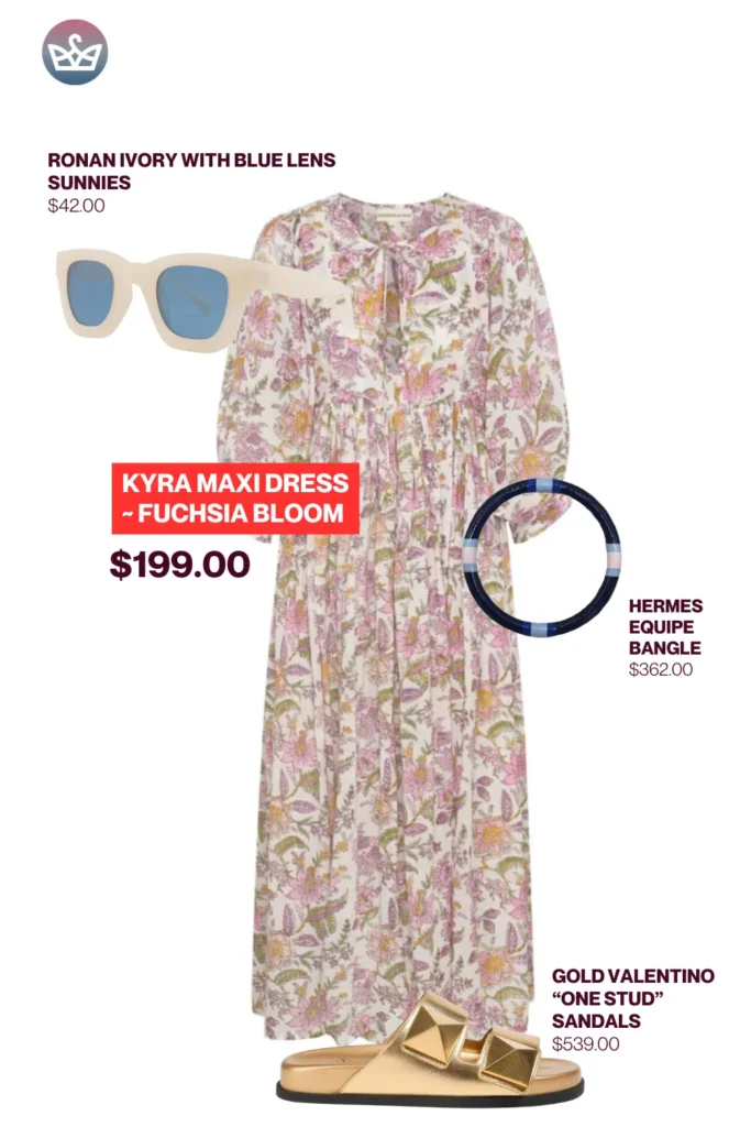 Chic airport outfits that feel like pajamas 55 result adjust my crown Stylish chic airport outfit featuring a floral kyra maxi dress in fuchsia bloom valentino gold stud sandals ivory sunglasses with blue lenses and a hermes bangle