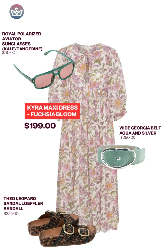 Chic airport outfits that feel like pajamas 57 result adjust my crown Trendy chic airport outfit featuring a floral kyra maxi dress in fuchsia bloom leopard buckle sandals aqua belt green aviator sunglasses and wide belt detail