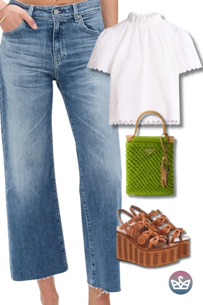 Baggy Jeans with a white eyelet blouse, green crochet bag, and brown platforms for fresh summer style.