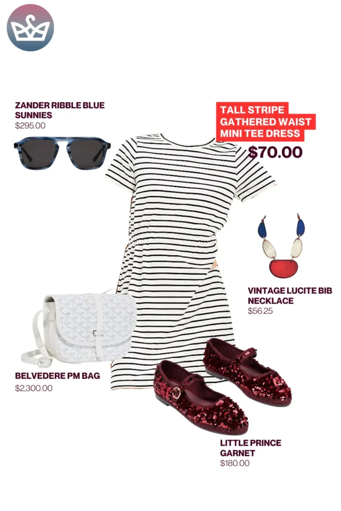 Chic airport outfits that feel like pajamas 5 result adjust my crown Chic airport outfit styled with a striped dress sparkling garnet red flats white designer crossbody bag bold bib necklace and blue sunglasses