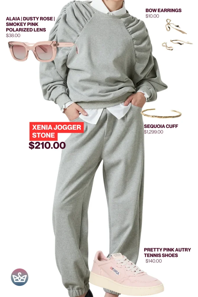 Chic airport outfits that feel like pajamas 60 result adjust my crown Trendy chic airport outfit eaturing xenia jogger stone set styled with dusty rose sunglasses bow earrings sequoia cuff and pink tennis sneakers