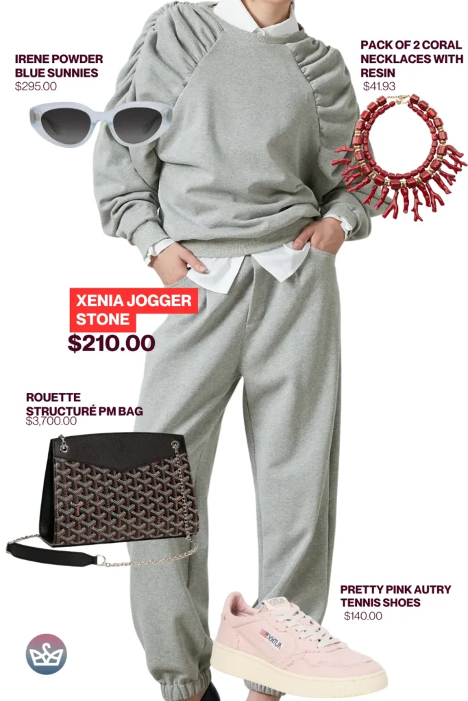 Chic airport outfits that feel like pajamas 61 result adjust my crown Bold chic airport outfit styled with xenia jogger stone set powder blue sunglasses coral resin necklace pink sneakers and a luxury designer bag