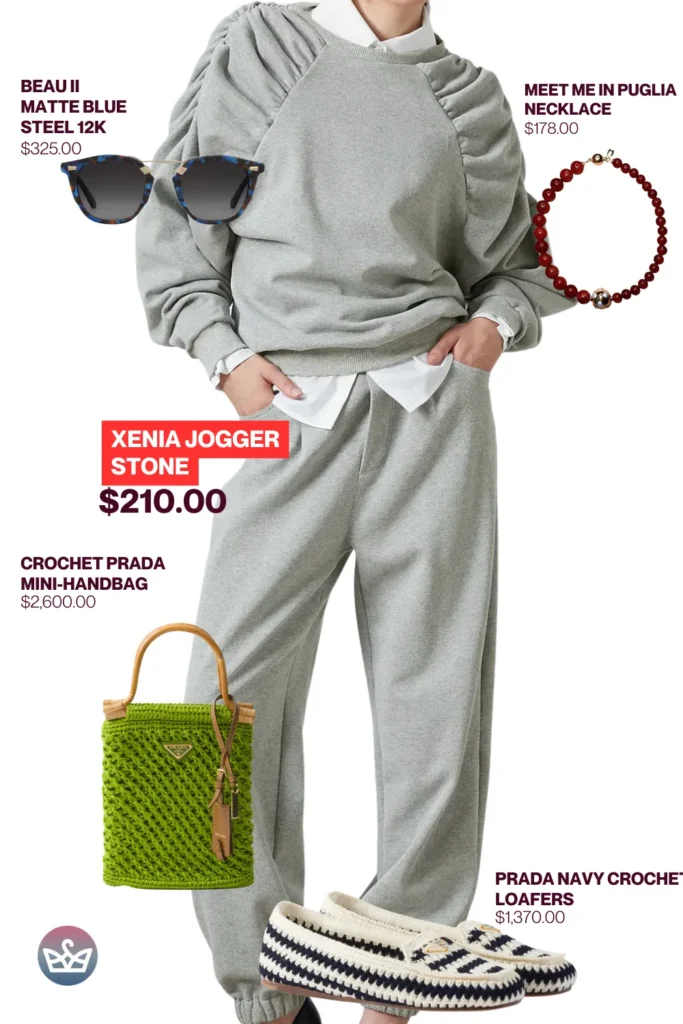 Chic airport outfits that feel like pajamas 62 result adjust my crown Luxury chic airport outfit featuring xenia jogger stone set styled with matte blue sunglasses red beaded necklace green prada crochet handbag and navy crochet loafers