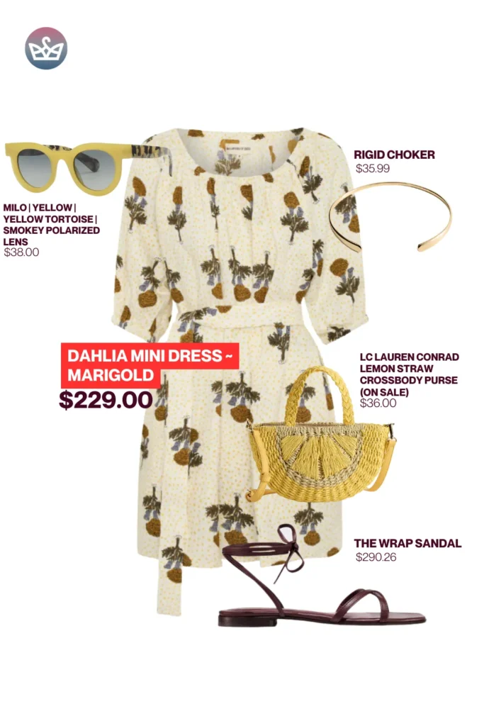 Chic airport outfits that feel like pajamas 63 result adjust my crown Sunny chic airport outfit featuring dahlia mini dress in marigold print styled with yellow sunglasses rigid choker lemon straw crossbody bag and wrap sandals