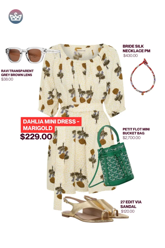 Chic airport outfits that feel like pajamas 64 result adjust my crown Fresh chic airport outfit styled with dahlia mini dress in marigold print transparent sunglasses silk necklace green petit flot bucket bag and gold sandals