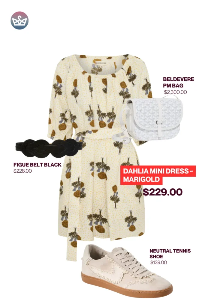 Chic airport outfits that feel like pajamas 65 result adjust my crown Casual chic airport outfit styled with dahlia mini dress in marigold print transparent sunglasses silk necklace green petit flot bucket bag and gold sandals