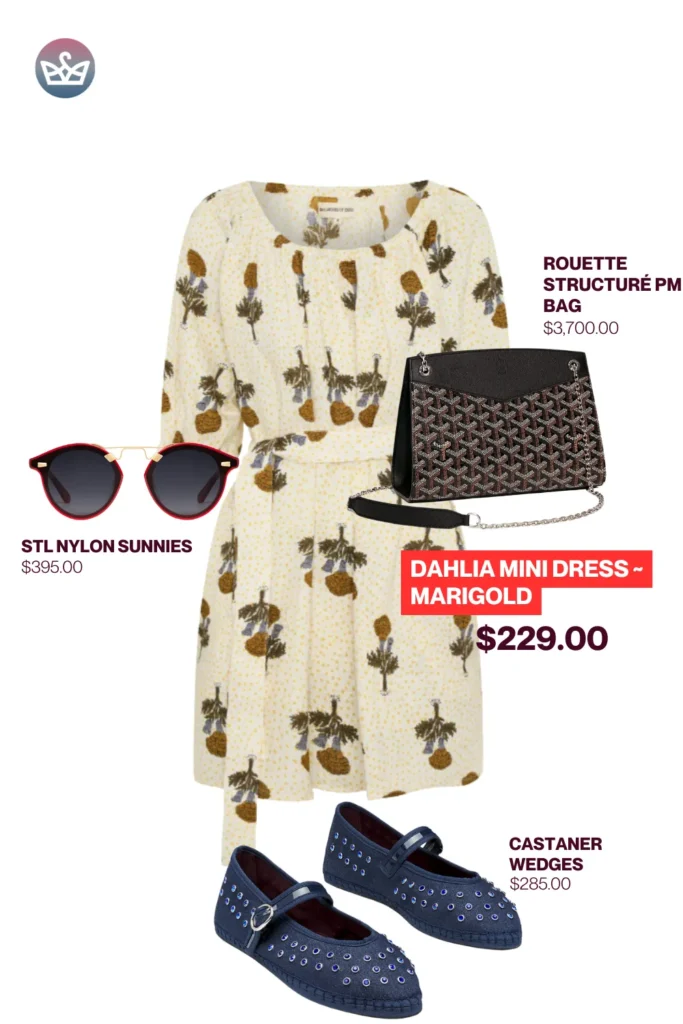 Chic airport outfits that feel like pajamas 66 result adjust my crown Playful chic airport outfit styled with dahlia mini dress in marigold print red sunglasses rouette structured pm bag and castaner blue wedges