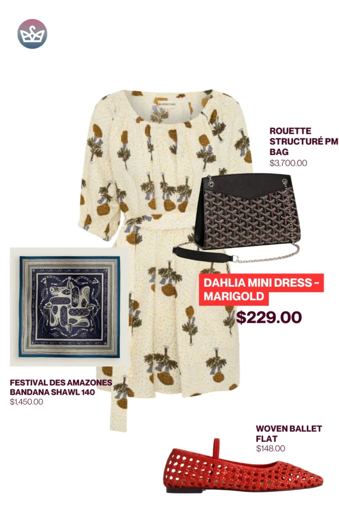 Chic airport outfits that feel like pajamas 67 result adjust my crown Classic chic airport outfit featuring dahlia mini dress in marigold print styled with woven red ballet flats navy patterned shawl and a luxury structured bag