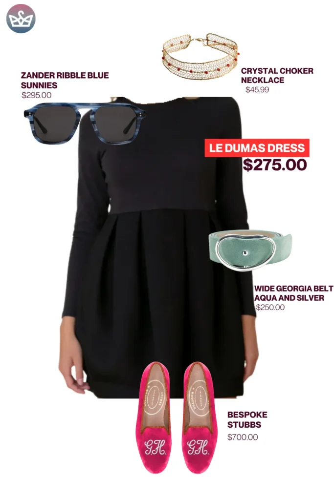 Chic airport outfits that feel like pajamas 68 1 result adjust my crown Elegant chic airport outfit featuring le dumas black dress styled with crystal choker blue sunglasses aqua silver belt and bespoke pink stubbs flats