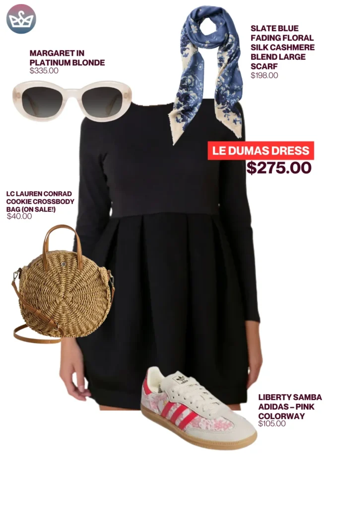 Chic airport outfits that feel like pajamas 68 2 result adjust my crown Sporty chic airport outfit styled with le dumas black dress platinum blonde sunglasses floral silk scarf woven crossbody bag and pink liberty adidas sneakers