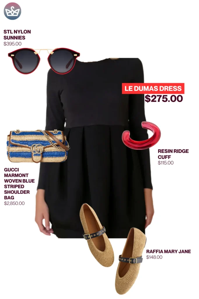 Chic airport outfits that feel like pajamas 68 4 result adjust my crown Summer chic airport outfit styled with le dumas black dress red sunglasses gucci marmont striped bag resin ridge cuff and raffia mary jane flats