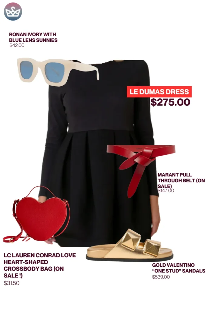 Chic airport outfits that feel like pajamas 68 5 result adjust my crown Playful chic airport outfit featuring le dumas black dress styled with ivory blue lens sunglasses red marant belt heart shaped crossbody bag and gold valentino sandals