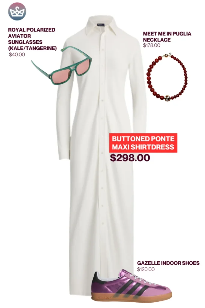 Chic airport outfits that feel like pajamas 69 1 result adjust my crown Casual chic airport outfit featuring a white buttoned ponte maxi shirtdress styled with aviator sunglasses red beaded necklace and metallic purple adidas gazelle sneakers