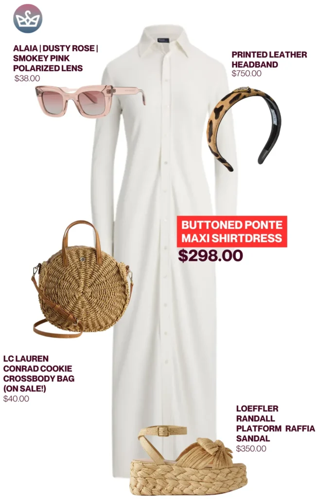 Chic airport outfits that feel like pajamas 69 2 result adjust my crown Boho chic airport outfit styled with a white ponte maxi shirtdress dusty rose sunglasses leopard print headband woven crossbody bag and raffia platform sandals