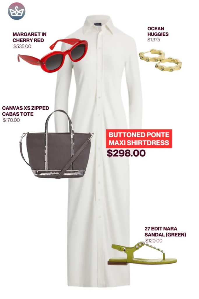 Chic airport outfits that feel like pajamas 69 3 result adjust my crown Bold chic airport outfit featuring a white ponte shirtdress styled with cherry red sunglasses gold huggie earrings canvas tote and green flat sandals