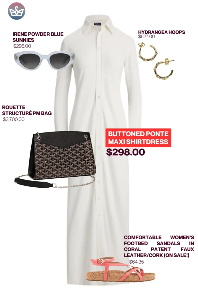 Chic airport outfits that feel like pajamas 69 4 result adjust my crown Polished chic airport outfit styled with a white ponte maxi shirtdress blue sunglasses gold hoop earrings rouette bag and coral strappy sandals