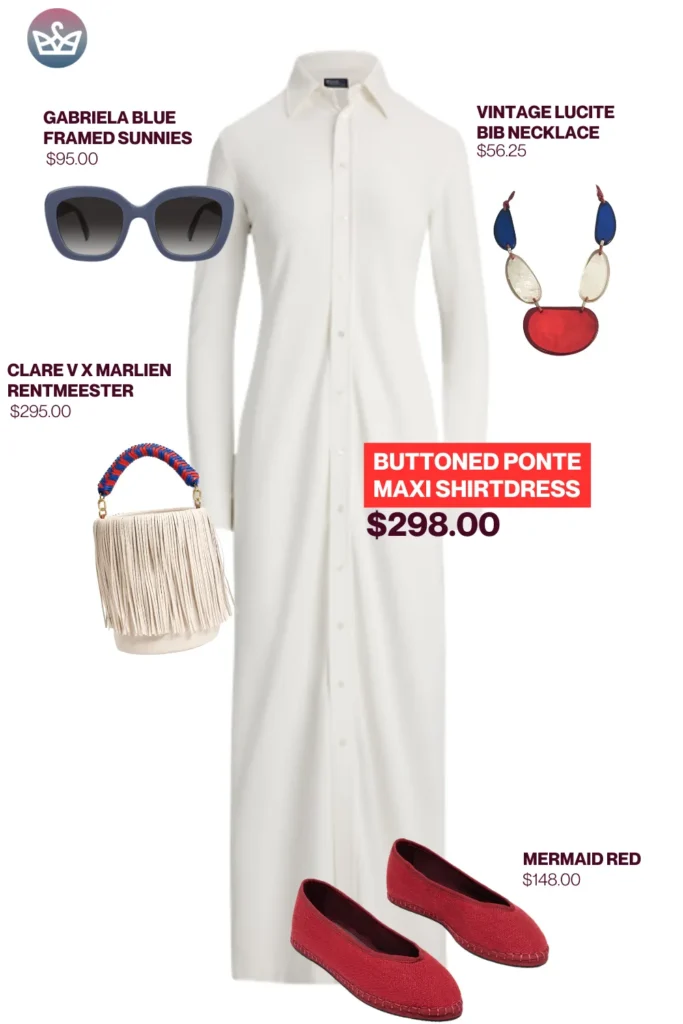 Chic airport outfits that feel like pajamas 69 5 result adjust my crown Playful chic airport outfit styled with a white ponte maxi shirtdress oversized blue sunglasses vintage red and white bib necklace fringe clare v bag and red espadrilles