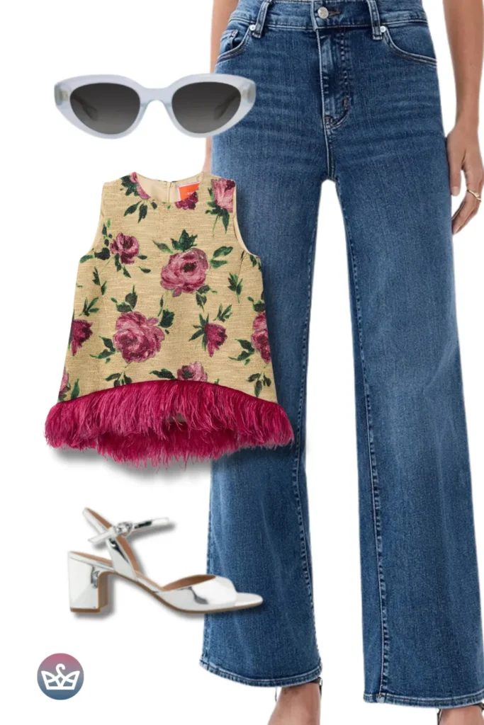 Baggy Jeans with a floral feather-hem top, white cat-eye sunglasses, and silver block heels for playful glam.