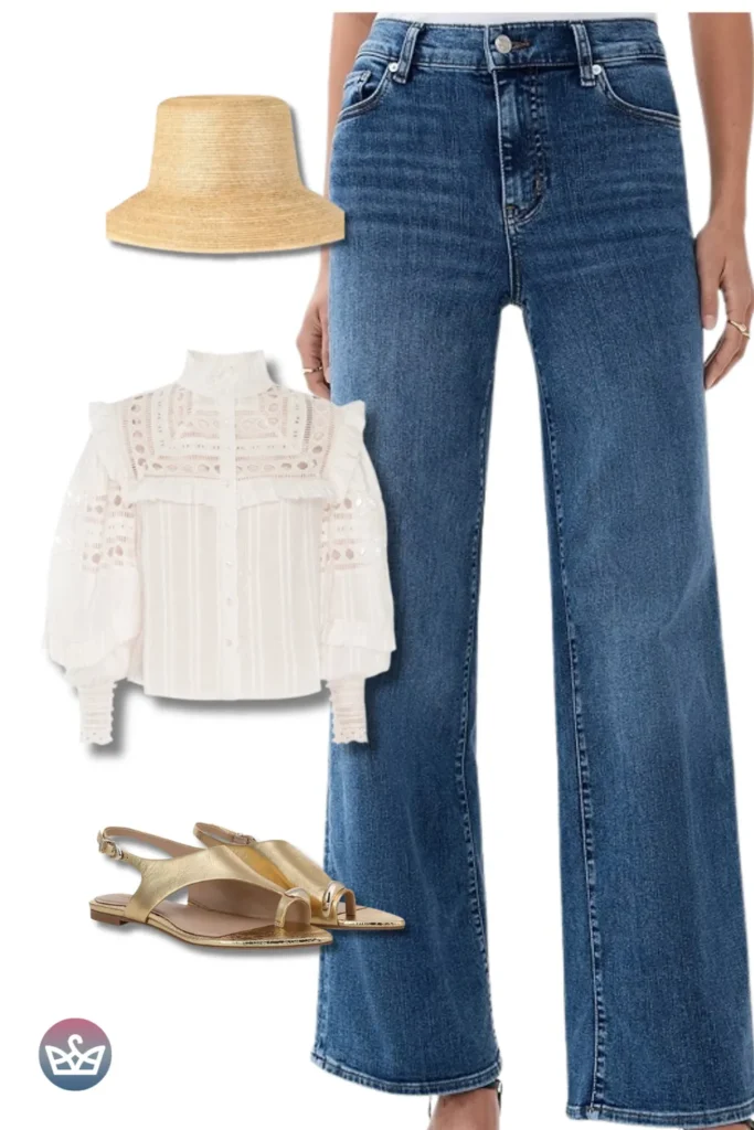 Baggy Jeans paired with a lace high-neck blouse, straw bucket hat, and gold sandals for breezy summer chic.
