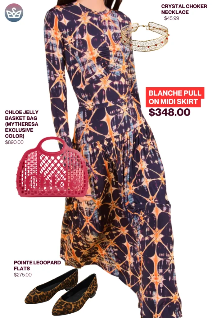 Chic airport outfits that feel like pajamas 85 result adjust my crown Statement chic airport outfit featuring blanche pull on midi skirt styled with crystal choker necklace chloe jelly basket bag and leopard flats