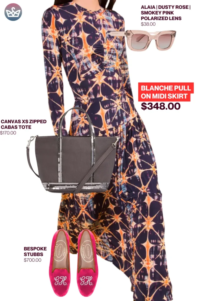 Chic airport outfits that feel like pajamas 86 result adjust my crown Feminine chic airport outfit styled with blanche pull on midi skirt dusty rose sunglasses canvas tote bag and bespoke pink stubbs flats