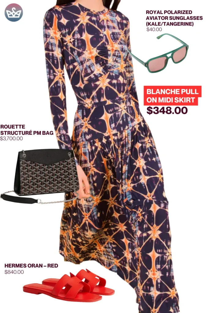 Chic airport outfits that feel like pajamas 87 result adjust my crown Bold chic airport outfit featuring blanche midi skirt styled with aviator sunglasses rouette bag and red hermes oran sandals