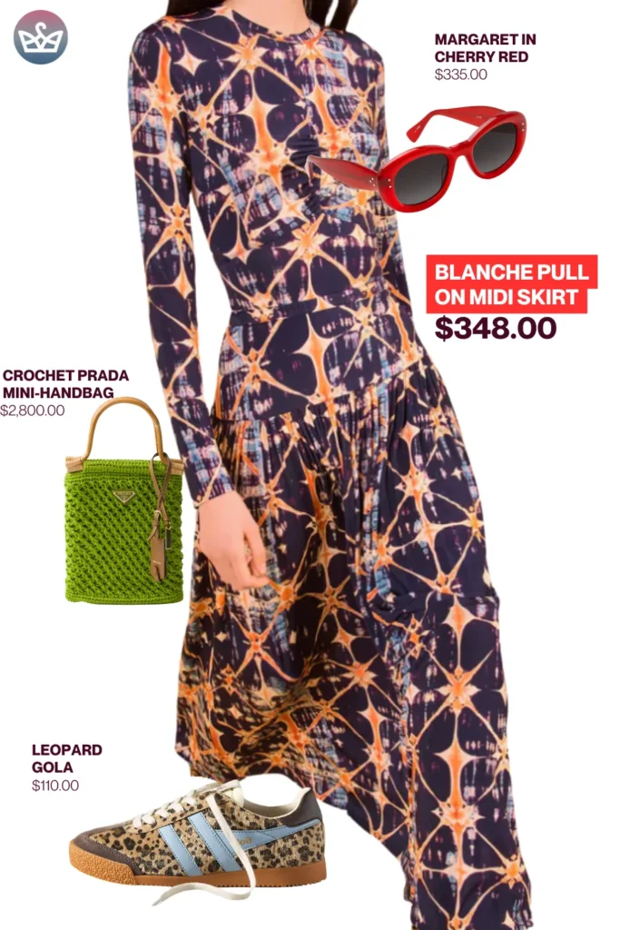 Chic airport outfits that feel like pajamas 88 result adjust my crown Playful chic airport outfit styled with blanche midi skirt cherry red sunglasses crochet prada mini handbag and leopard print gola sneakers