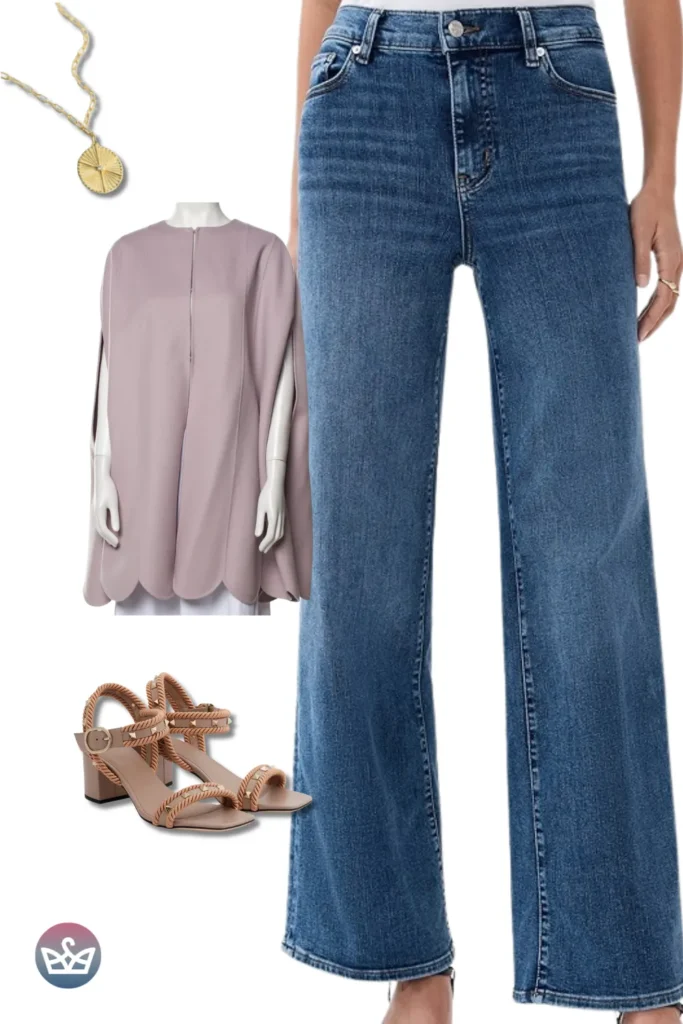 Baggy Jeans styled with a mauve scalloped cape, a gold pendant, and braided block-heel sandals for polished ease.