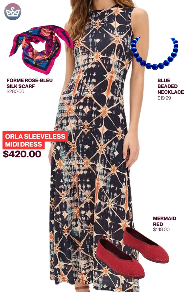 Chic airport outfits that feel like pajamas 90 result adjust my crown Vibrant chic airport outfit styled with orla sleeveless midi dress rose blue silk scarf blue beaded necklace and red ballet flats