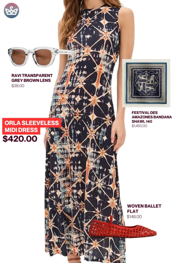Chic airport outfits that feel like pajamas 94 result adjust my crown Artistic chic airport outfit styled with orla sleeveless midi dress transparent sunglasses navy festival des amazones bandana shawl and red woven ballet flats"