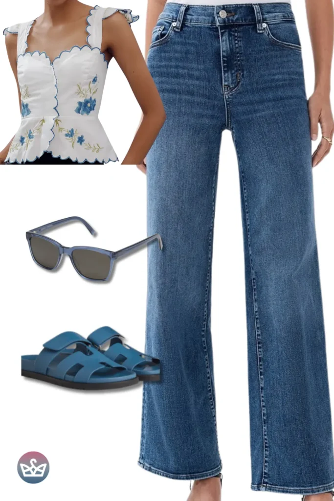 Baggy Jeans with a scalloped peplum top, blue sunglasses, and blue slides for cool tonal vibes.