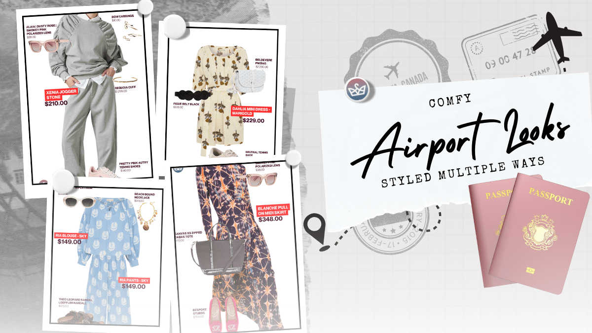 Polished airport outfit built from elastic-waist pieces and soft knits—think ponte dress, drawstring pants, pleated skirt, and matching set—stacked with comfy outfits options and a grown-up leggings outfit for travel days.