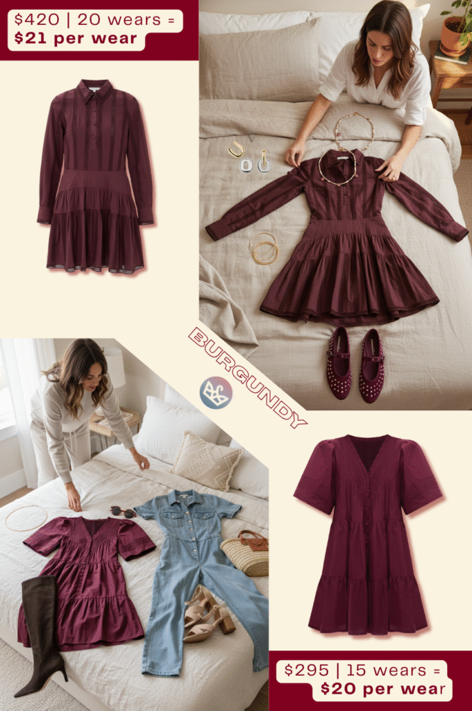 Burgundy outfit ideas for 60 to 80 degree days 1 cpw cheat sheet ulla johnson sea new york adjust my crown I reach for burgundy when i want instant polish that still feels relaxed My days often swing between 60 and 80 so i keep a few easy outfits on standby Sleeved mini with loafers for a crisp morning Tank and midi skirt when the sun turns bright Straight jeans and a pretty blouse for dinner