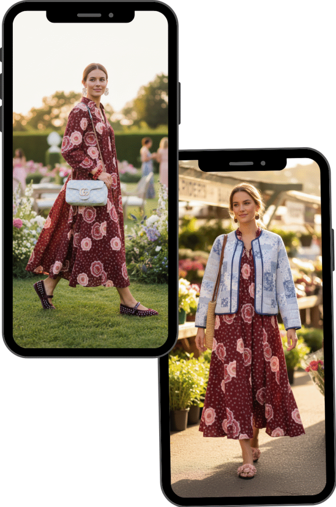 How can you carry prints from summer to fall 7 smart outfits 20 adjust my crown Burgundy floral maxi for a garden party with mary janes same dress with a quilted blue jacket and blush slides for the farmers market