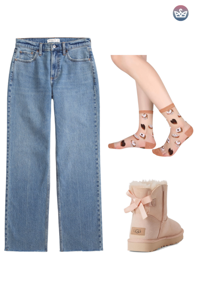 Uggs outfit with straight leg jeans cute printed socks and pink bow mini ugg boots