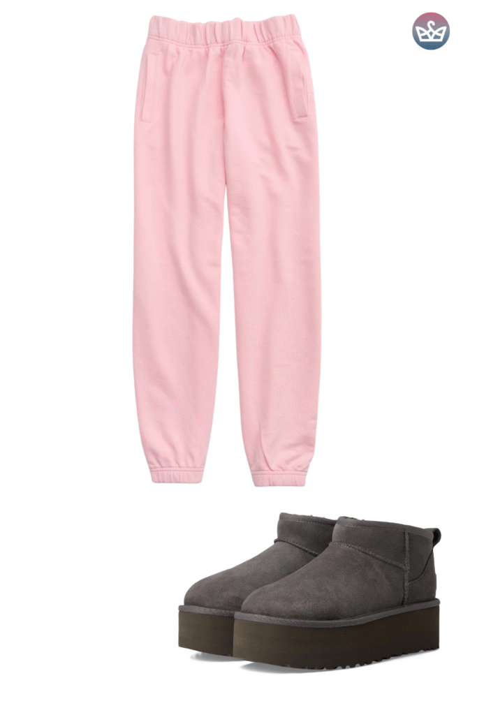 Uggs outfit with pink joggers and charcoal platform mini ugg boots