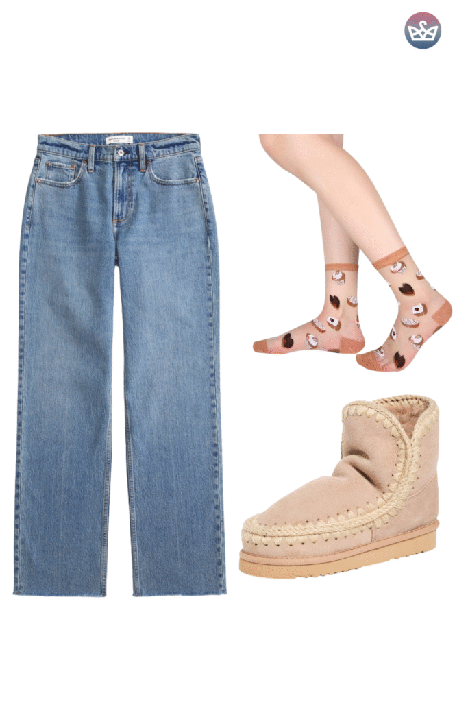 Uggs outfit flat lay straight jeans printed socks and mini ugg boots with whipstitch trim