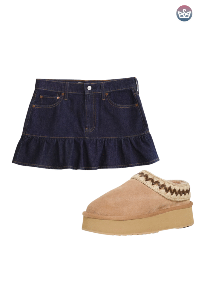 Uggs outfit with dark denim ruffle mini skirt and tan platform ugg clogs