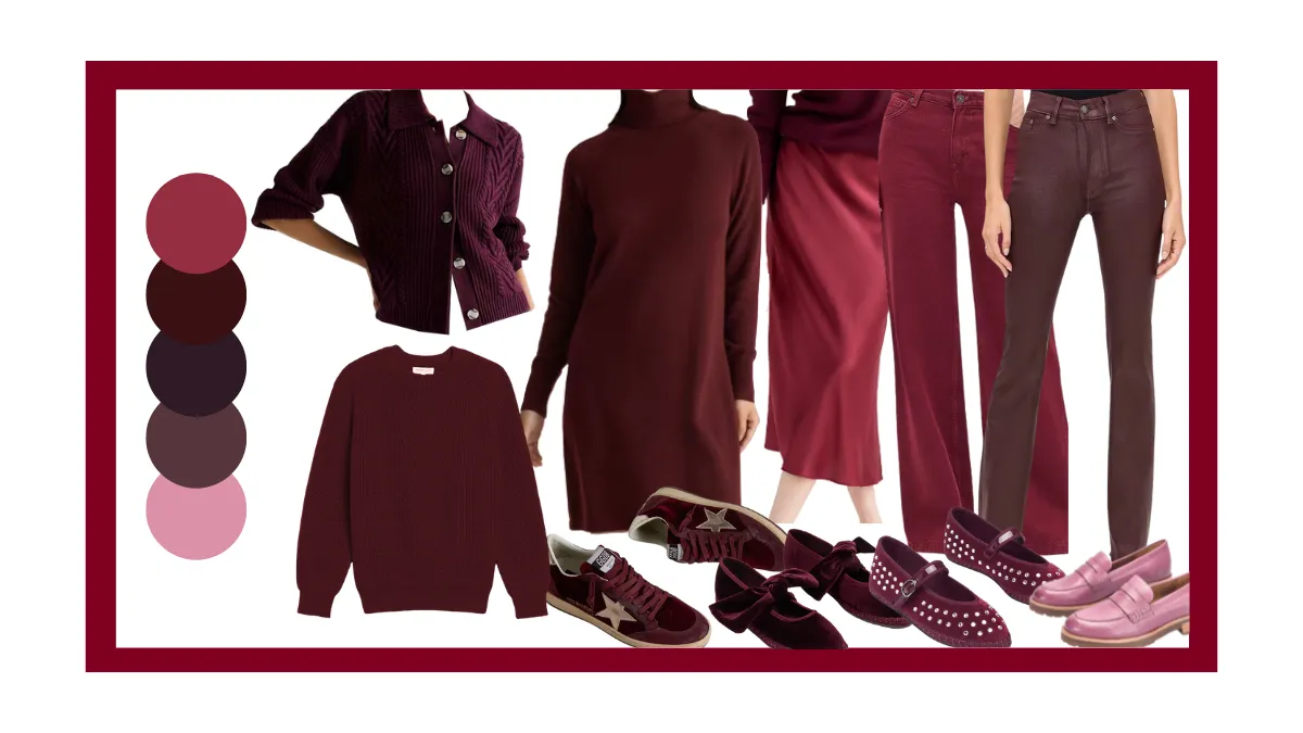 Rich burgundy capsule with sweaters, denim, dresses, shoes—perfect outfit ideas for 50–60°F; warm layers create polished cold weather outfits and a refined jeans outfit.