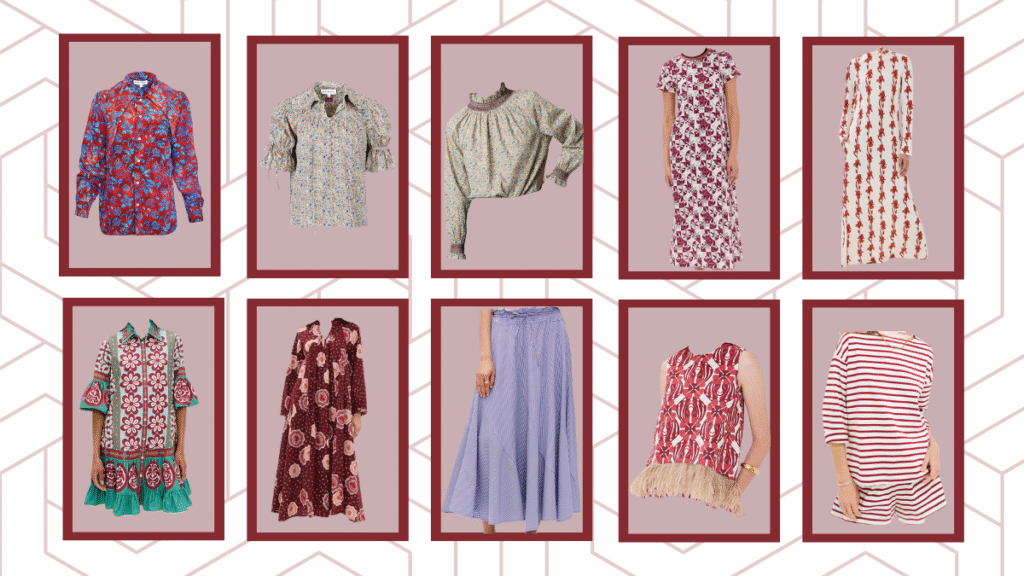 Header collage of ten print forward pieces: Liberty blouses, striped midi skirt, and floral dresses styled to carry prints from summer to fall with easy layers.