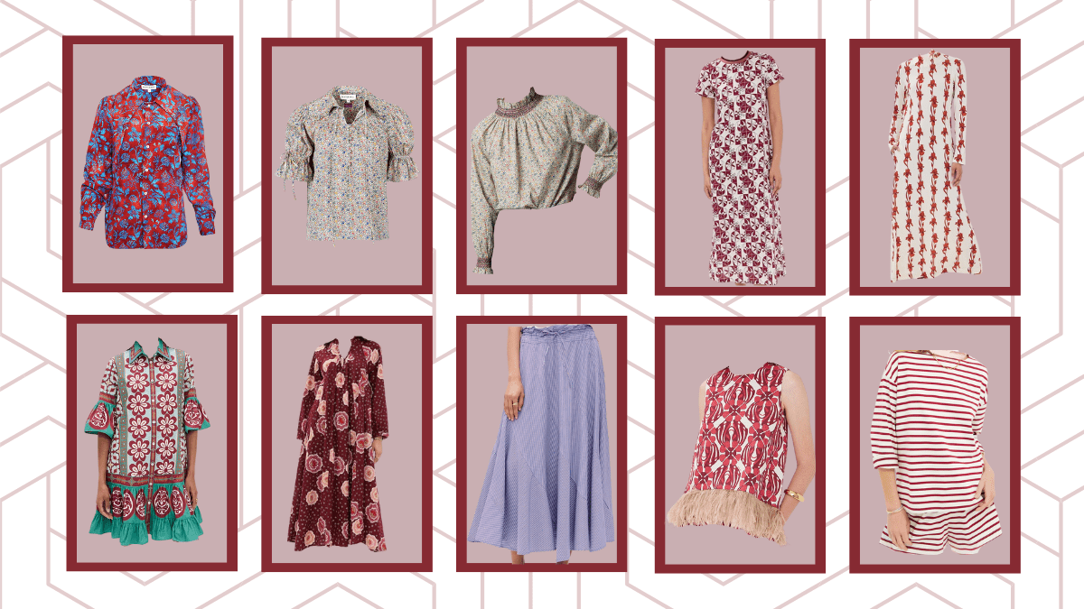 Header collage of ten print forward pieces: Liberty blouses, striped midi skirt, and floral dresses styled to carry prints from summer to fall with easy layers.