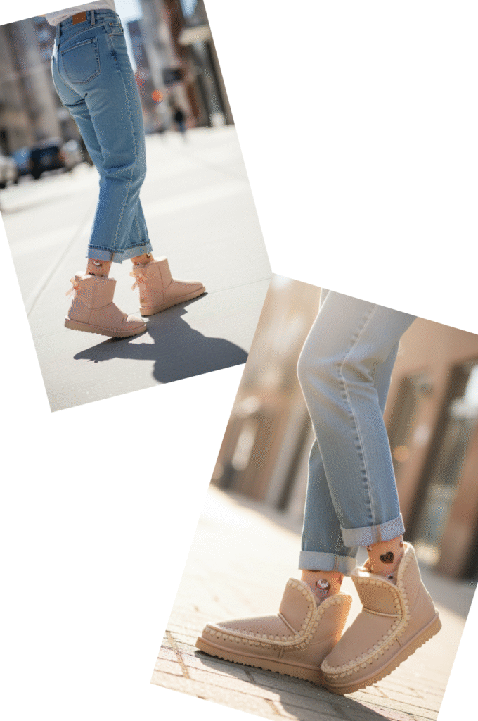 Street style uggs outfit cropped denim with a single cuff printed socks peeking above pink mini uggs