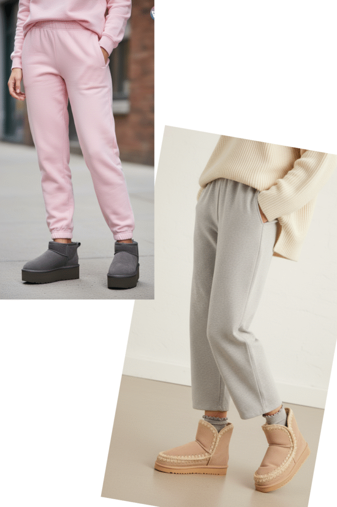 Two uggs outfit ideas pink joggers with gray platform uggs and gray sweats with whipstitch mini ugg boots