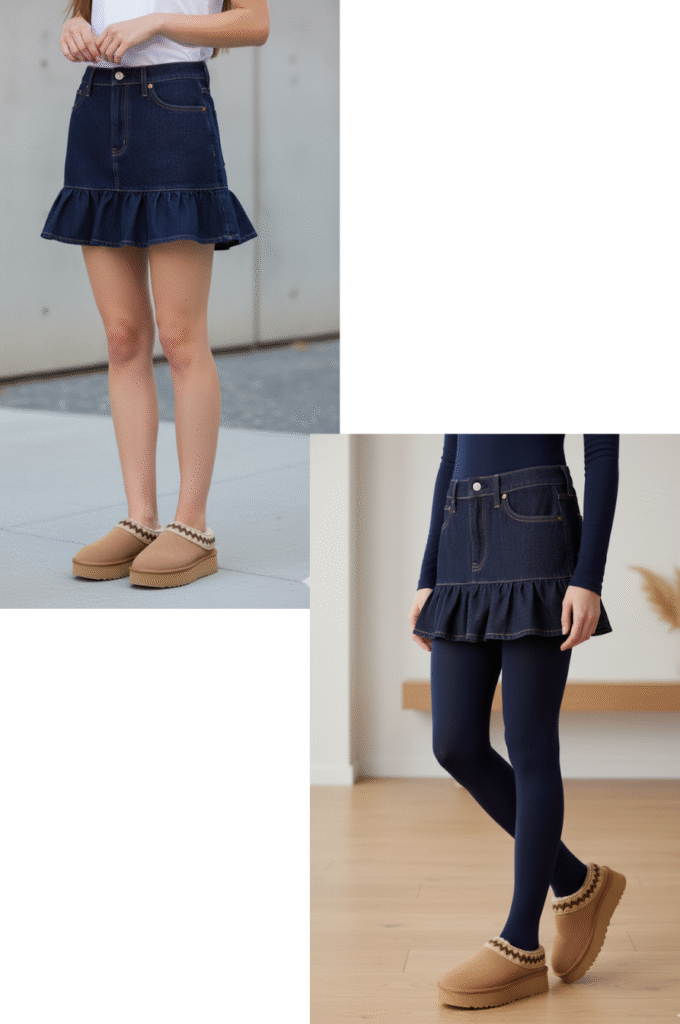Two uggs outfit ideas ruffle denim mini skirt with ugg clogsbare legs for warm days navy tights for cooler weather