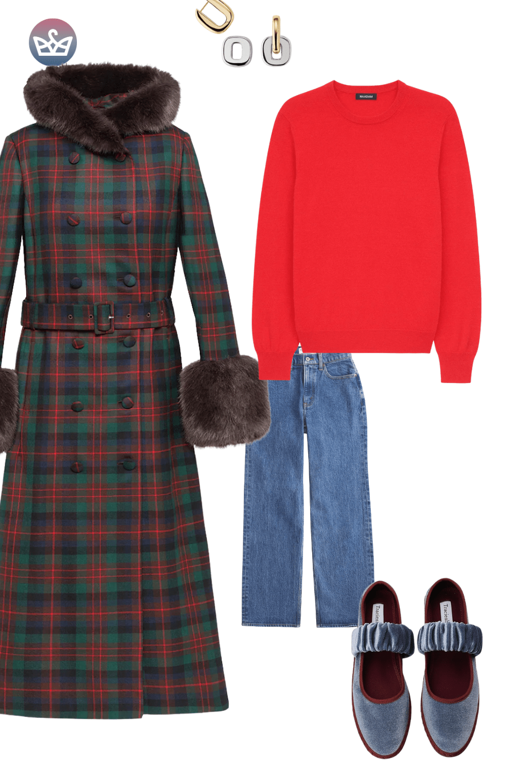 Long tartan coat with faux fur trim, red crewneck sweater, wide-leg jeans, and red velvet loafers.