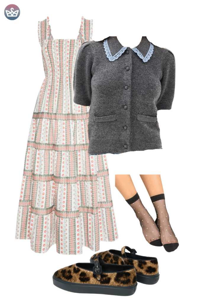 How to style cardigans over summer clothes cardigan outfit ideas that keep you cool and look pulled together 1 adjust my crown A feminine cardigan outfit idea featuring a grey short sleeved cardigan with a light blue lace collar layered over a tiered maxi dress with a pink and green pattern The look is accessorized with sheer polka dot ankle socks and leopard print mary jane platform flats